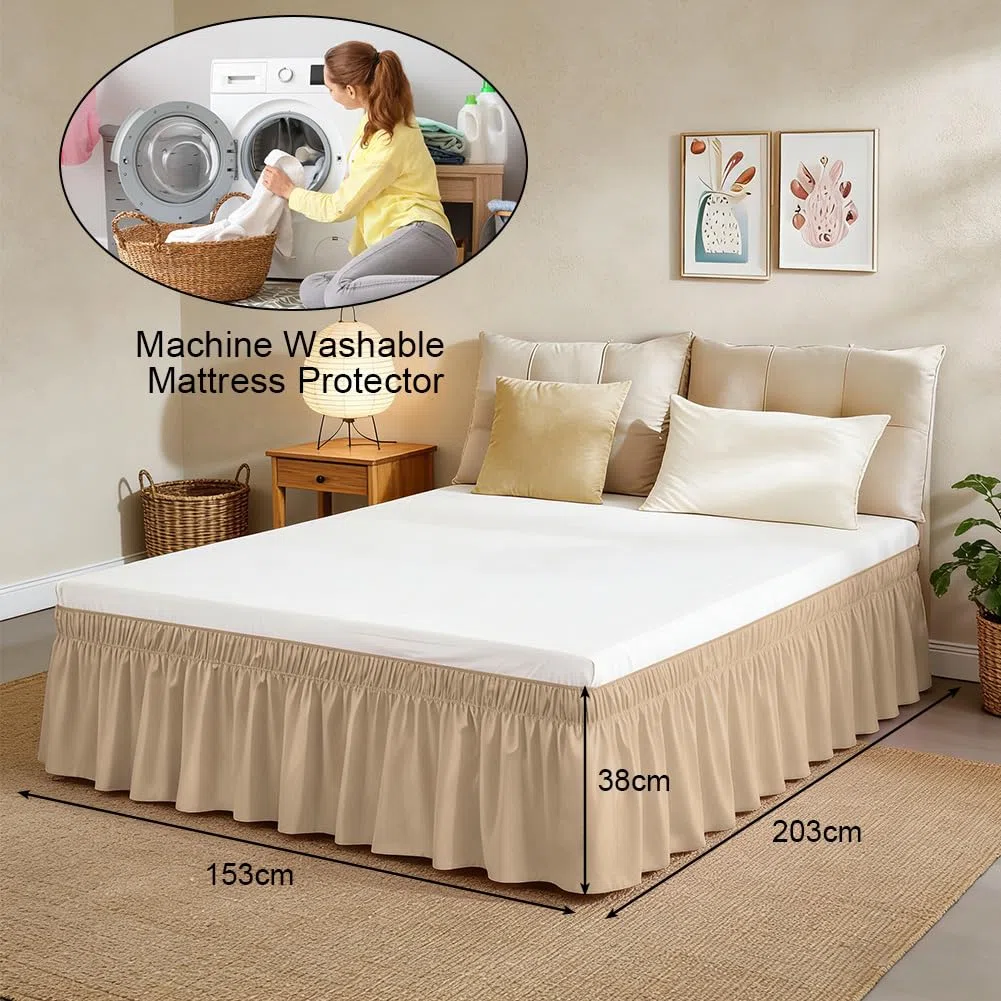 RANJIMA gonna da letto pieghettata, 153 x 203 cm, gonna da letto con balze, gonna da letto avvolgente, altezza 38 cm, volant copriletto con doppio elastico, regalo per donne, sabbia
