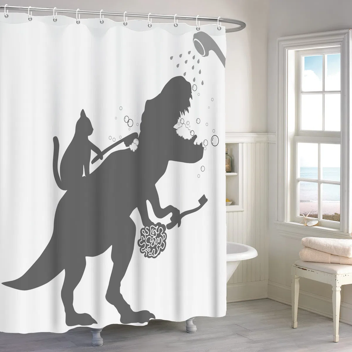 Tenda da doccia divertente 180 x 180 cm, semplicità divertente gatto dinosauro bianco lavabile tende da bagno in tessuto di poliestere impermeabile per vasca da bagno con 12 ganci