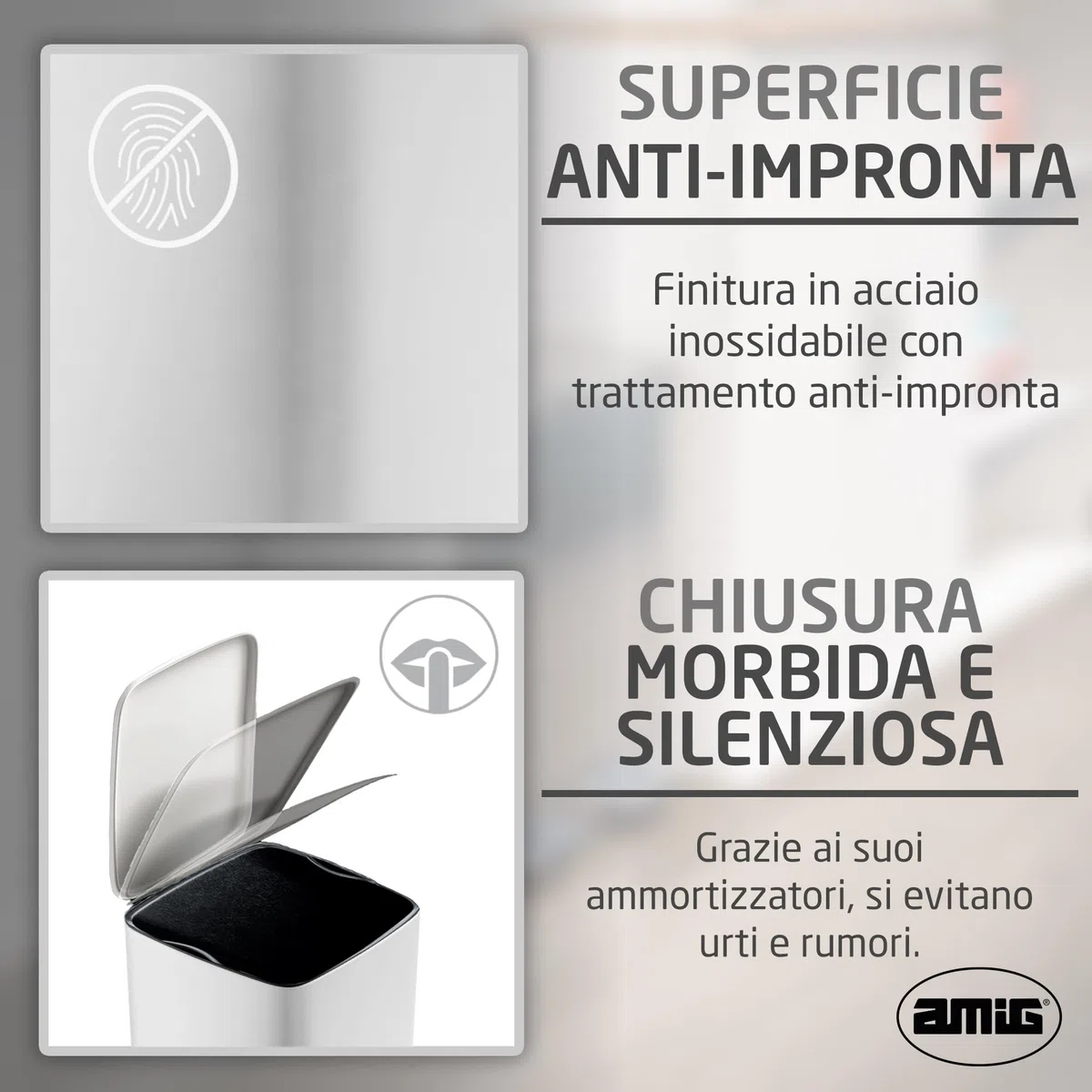 Amig - Pattumiera con pedale 30 litri Mod. Artvin - Colore bianco - Apertura igienica senza mani - 27 x 36 x 65 cm - Acciaio inox laccato - Cestino da cucina con coperchio ermetico