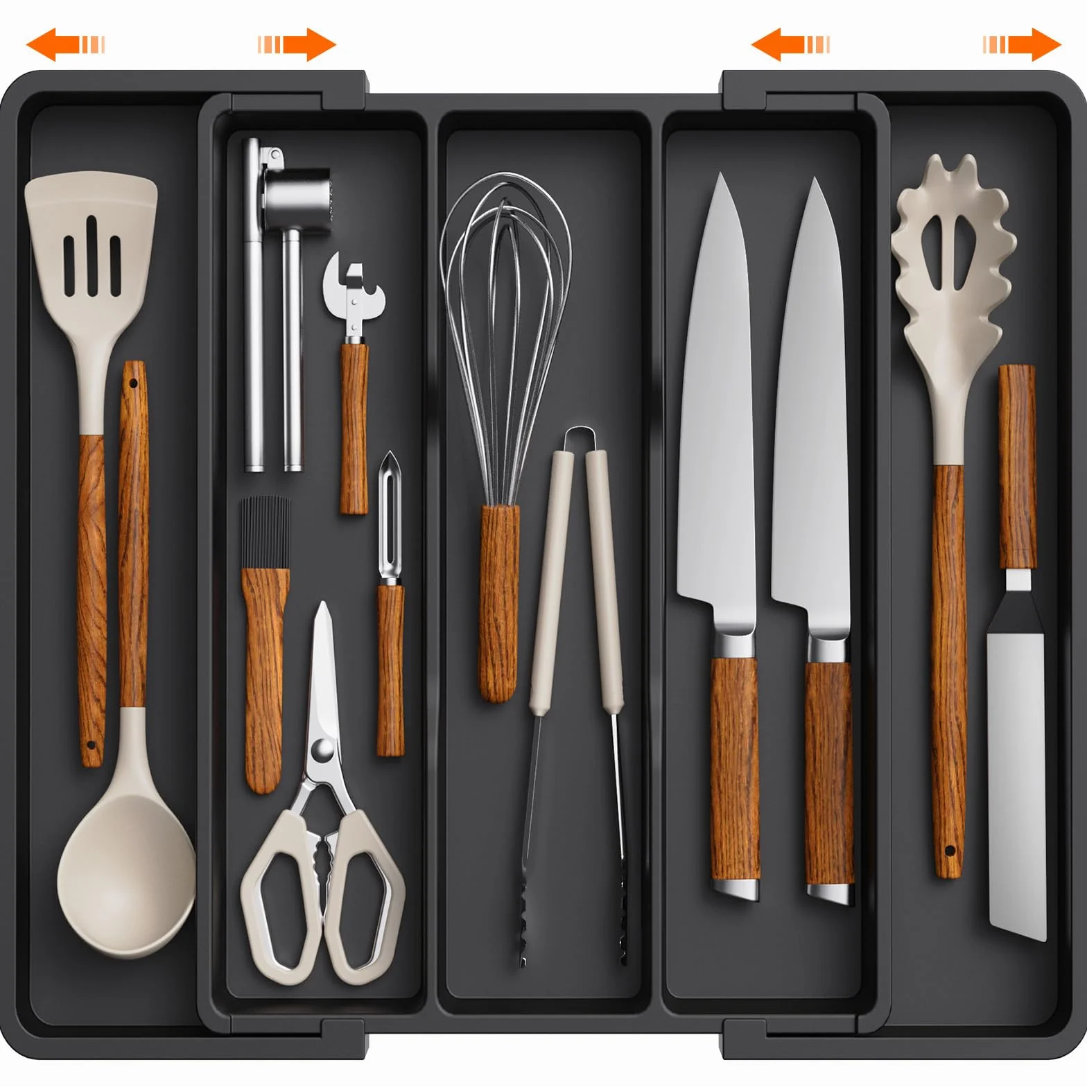 Lifewit Portaposate da Cassetto, Organizer Utensili da Cucina, Porta Posate Regolabile in Plastica, per Utensili e Accessori, Profondità 38 cm, Espandibile fino a 57 cm, Pacchi 1, Nero