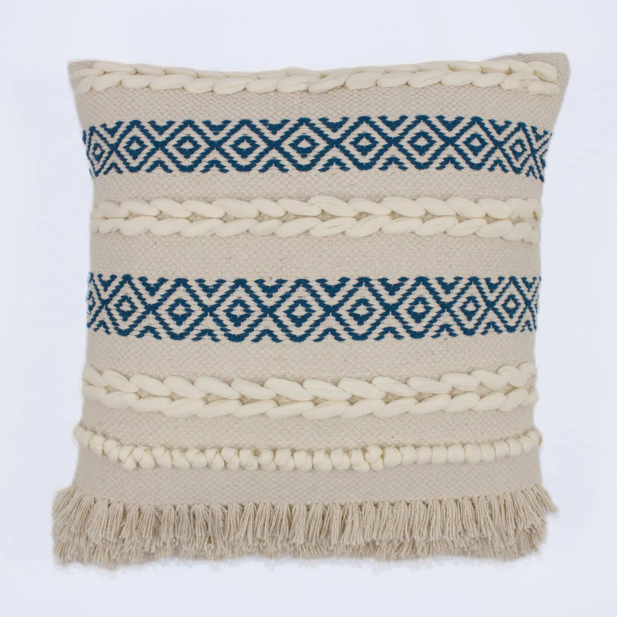 TreeWool Fodera per Cuscino Boho (45x45 cm, Verde Pavone, Confezione da 1) Cuscino Decorativo Tessuto a Mano con Passanti Intrecciati, Motivo Geometrico e Frange - Cuscino Quadrato per Divano