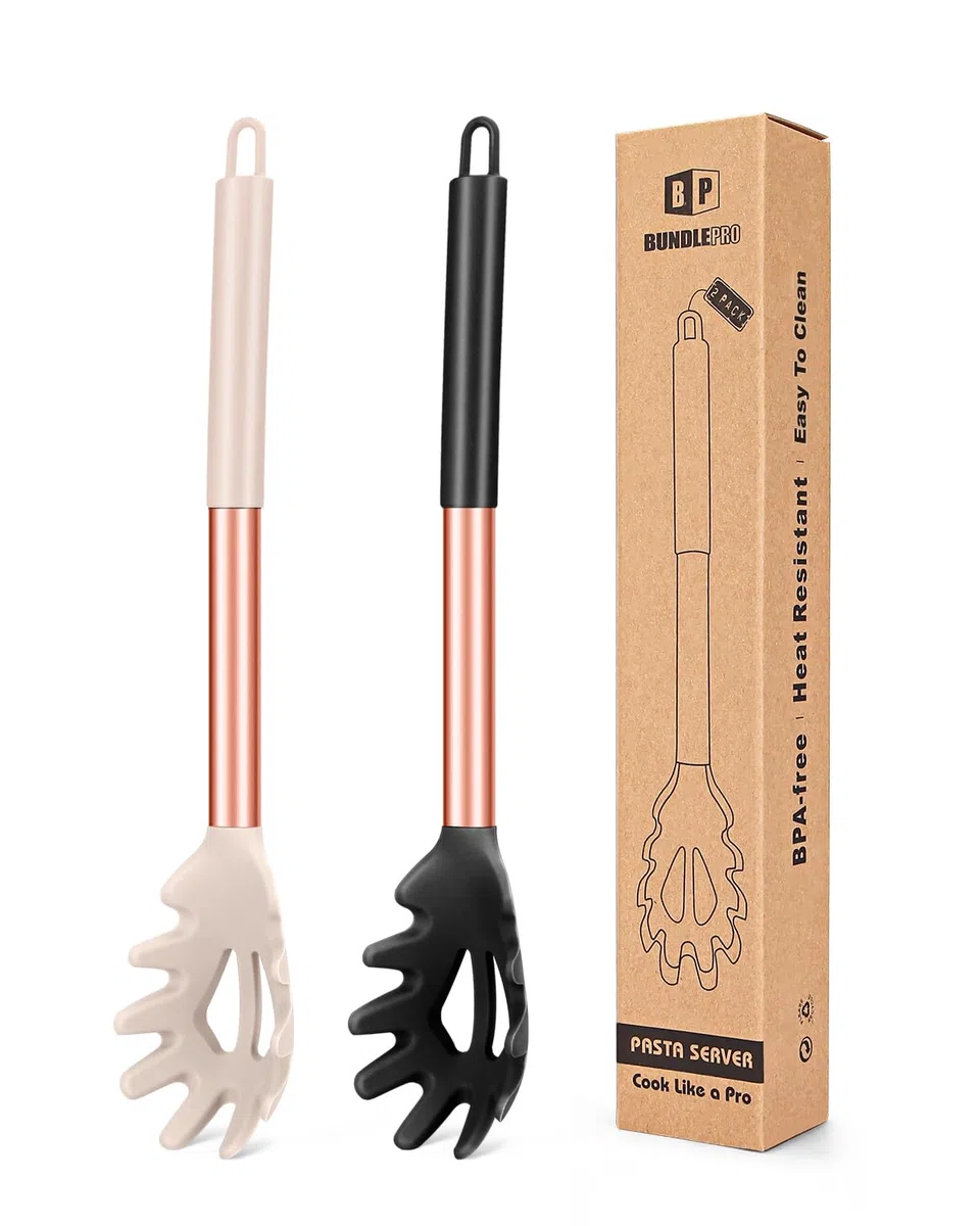 Confezione da 2 forchette per pasta in silicone, resistenti al calore, senza BPA, ottimi strumenti di cottura (FB-109-RG-BK)