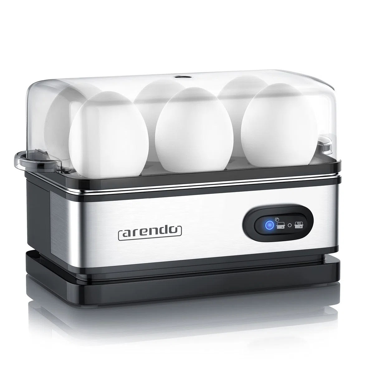 arendo - Cuoci Uova Sixcook in Acciaio Inox - Bollitore per Uova con Funzione di Mantenimento Calore - capacità 1-6 Uova - Interruttore selettore a levetta con Spia