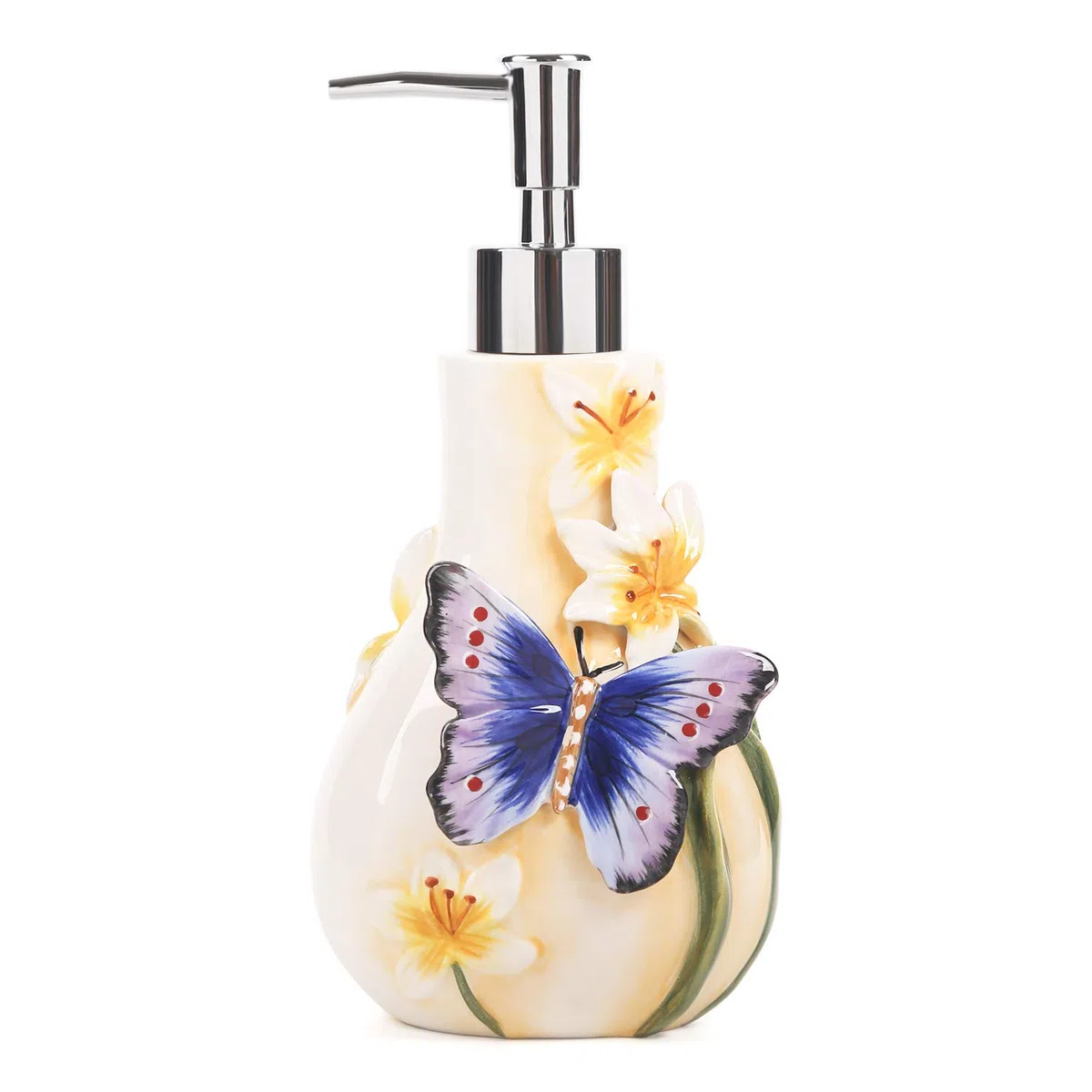 Dispenser di sapone in ceramica, dispenser per lozioni 3D a forma di farfalla e fiori di gigli, accessori per il bagno