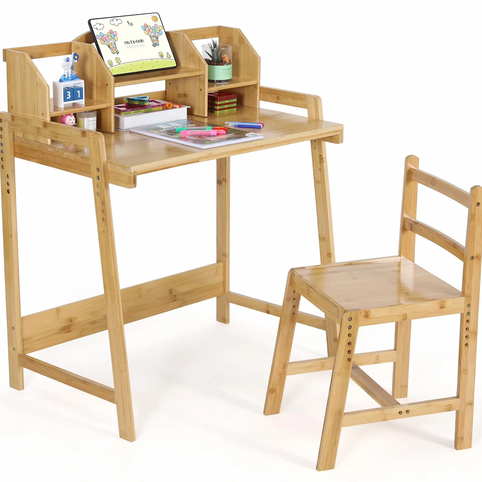 Scrivania per bambino Regolabile in Altezza, con Sedia, in Legno di Bambù, Supporto per Libri, Set da Scrivania, Colore Naturale