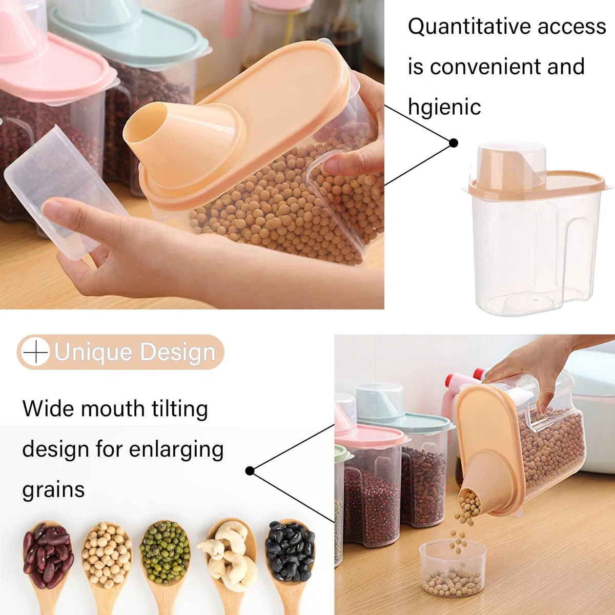4 Pezzis Contenitore Ermetico Cereali Alimentare, porta cereali da colazione dispenser, Serbatoio Alimenti Secchi, Trasparente Airtight Secco Contenitore Alimenti, Caffè, Farina con Misurino (large)
