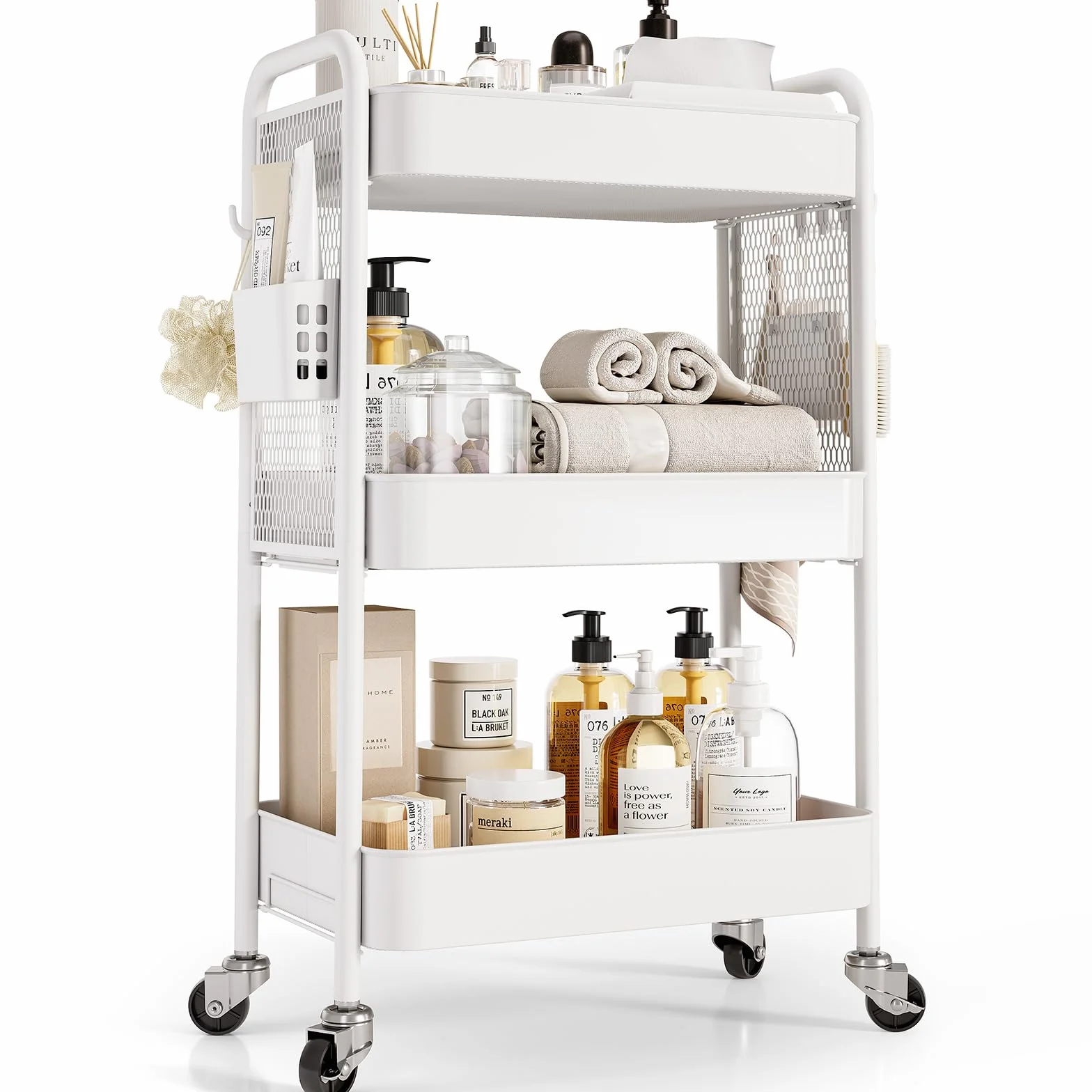 Urackify Carrello portaoggetti per varie applicazioni, carrello in metallo a 3 livelli con pannelli forati fai da te, cesti e ganci per riporre extra in cucina, bagno, ufficio, aula e altro ancora,
