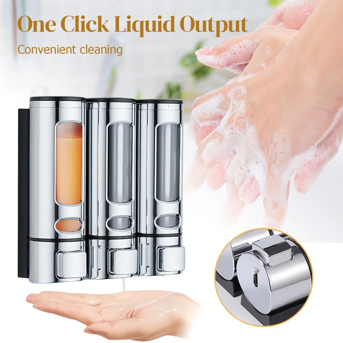 Dispenser di sapone da parete senza foratura, dispenser per shampoo e balsamo, 400 ml x 3 dispenser per shampoo, bottiglie trasparenti ricaricabili, per doccia da bagno, argento