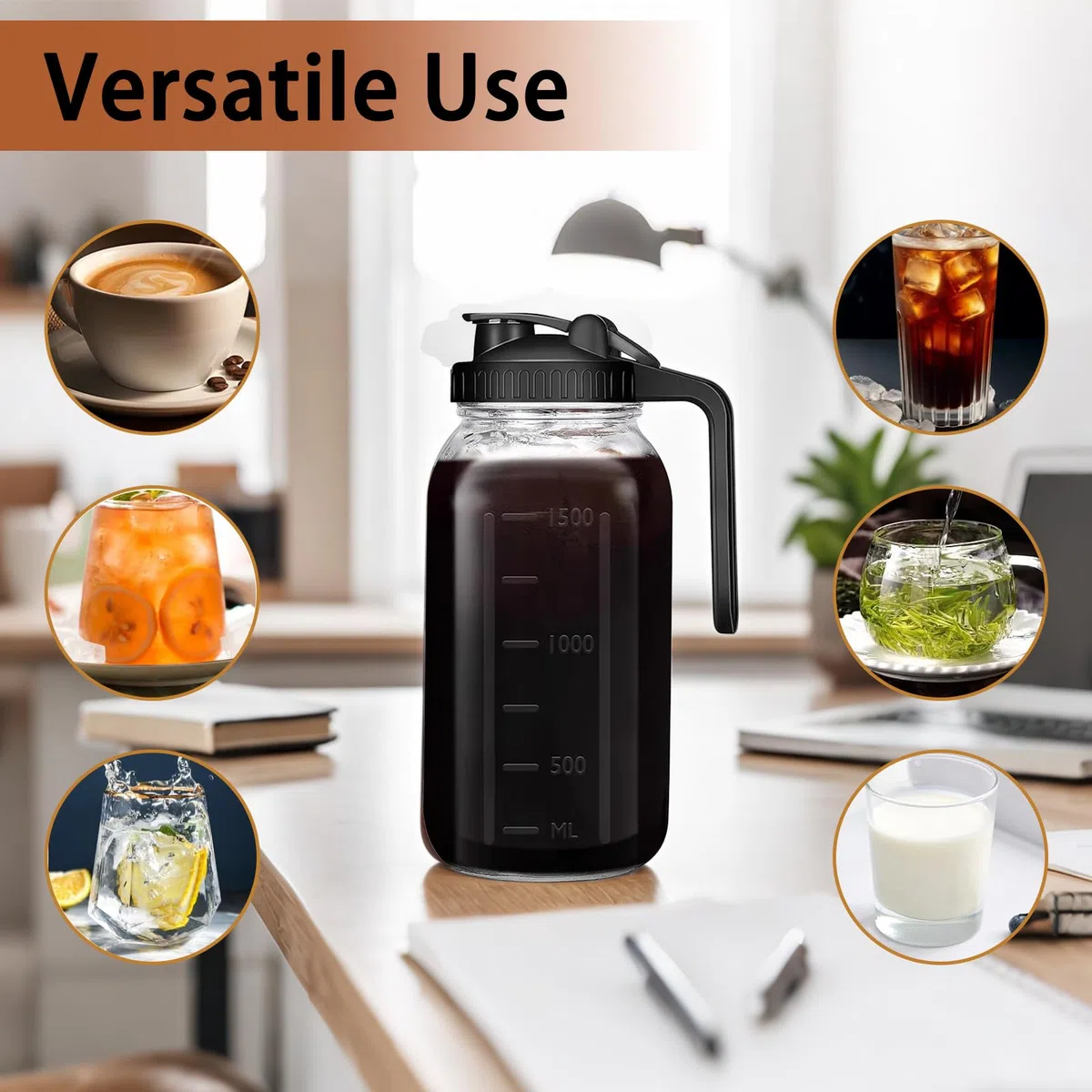 Brocca per caffè freddo, in vetro spesso, con filtro in acciaio inox, coperchio a prova di perdite, manico ergonomico per caffè freddo, tè, limonata, bevande fatte in casa (nero, 907,2 g)