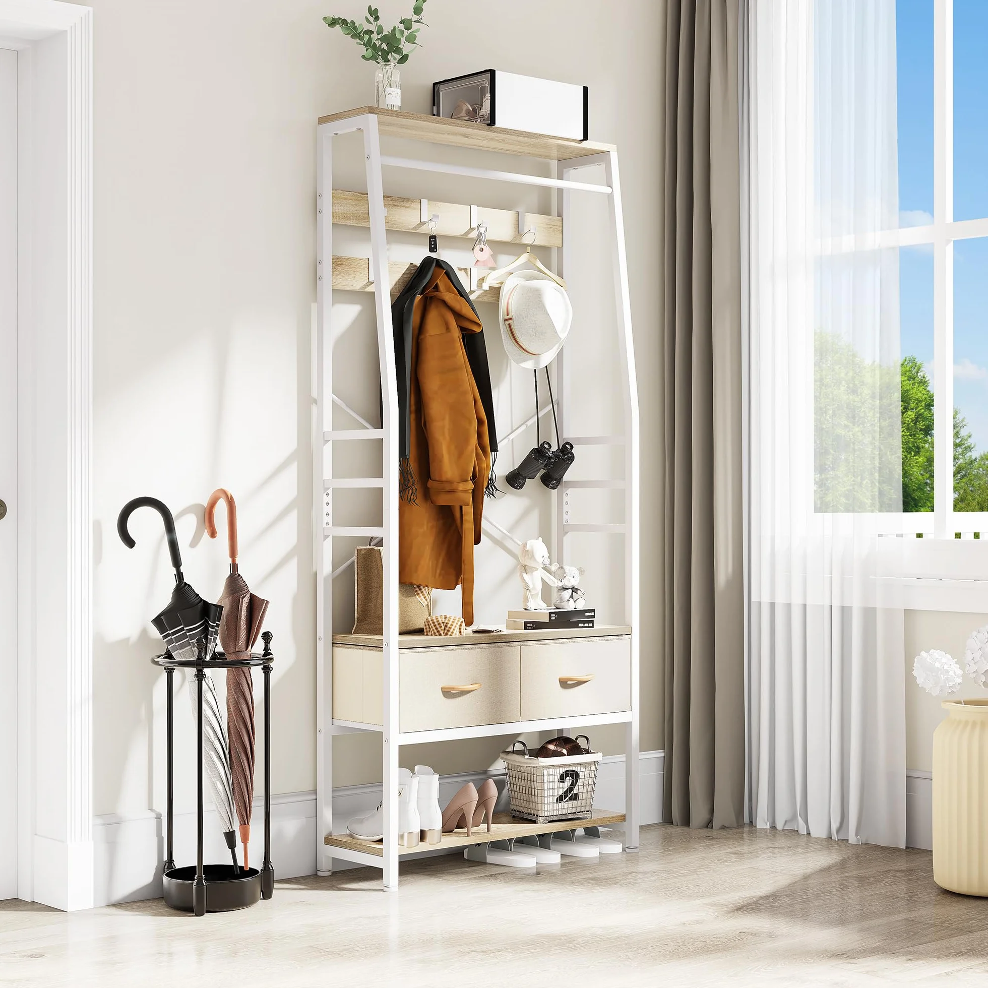 YITAHOME Appendiabiti, Attaccapanni da Ingresso 6 in 1 con 2 Cassetti, Porta Abiti da Terra con Vano Portascarpe, Asta Appendiabiti in legno e Metallo, per Soggiorno Ingresso, Bianco e rovere