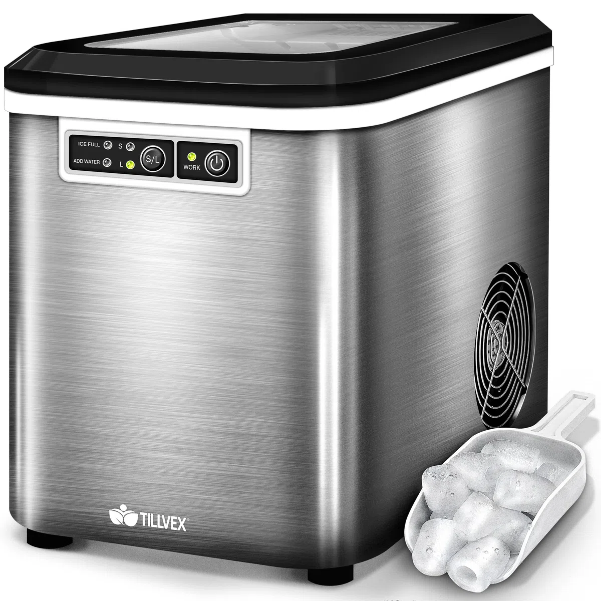 tillvex Macchina per Ghiaccio 12 kg - 24 h | da Casa in Acciaio Inossidabile | Professionale | 2,2 L Serbatoio d'Acqua | Display LED, Autopulizia | 2 Misure di Cubetti