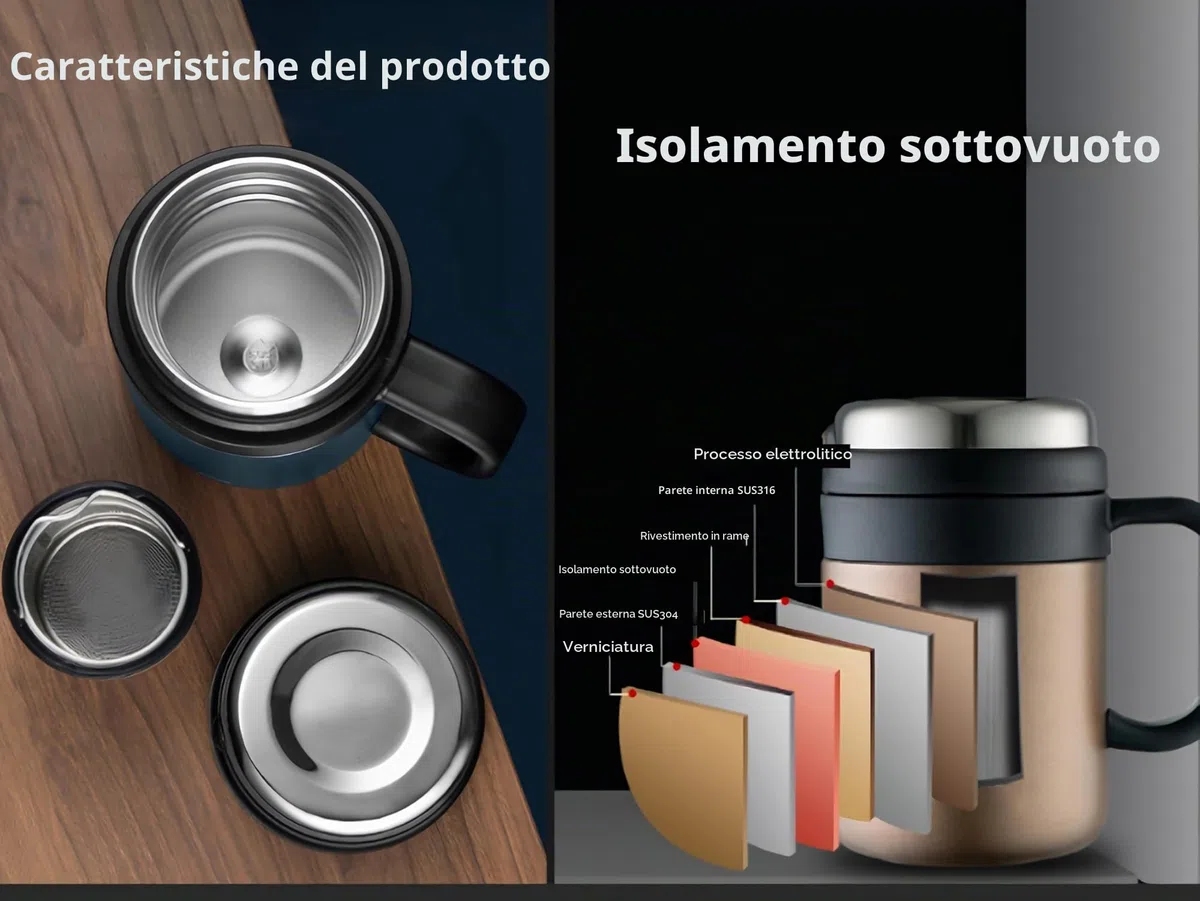 Tazza Termica da Tè/Caffè in Acciaio Inossidabile (Nero) con Filtro Rimovibile, 500 ml – Mantiene le Bevande Fredde e Calde, Isolamento 12+ Ore, Ideale per Tè, Caffè, Viaggi, Ufficio e Campeggio