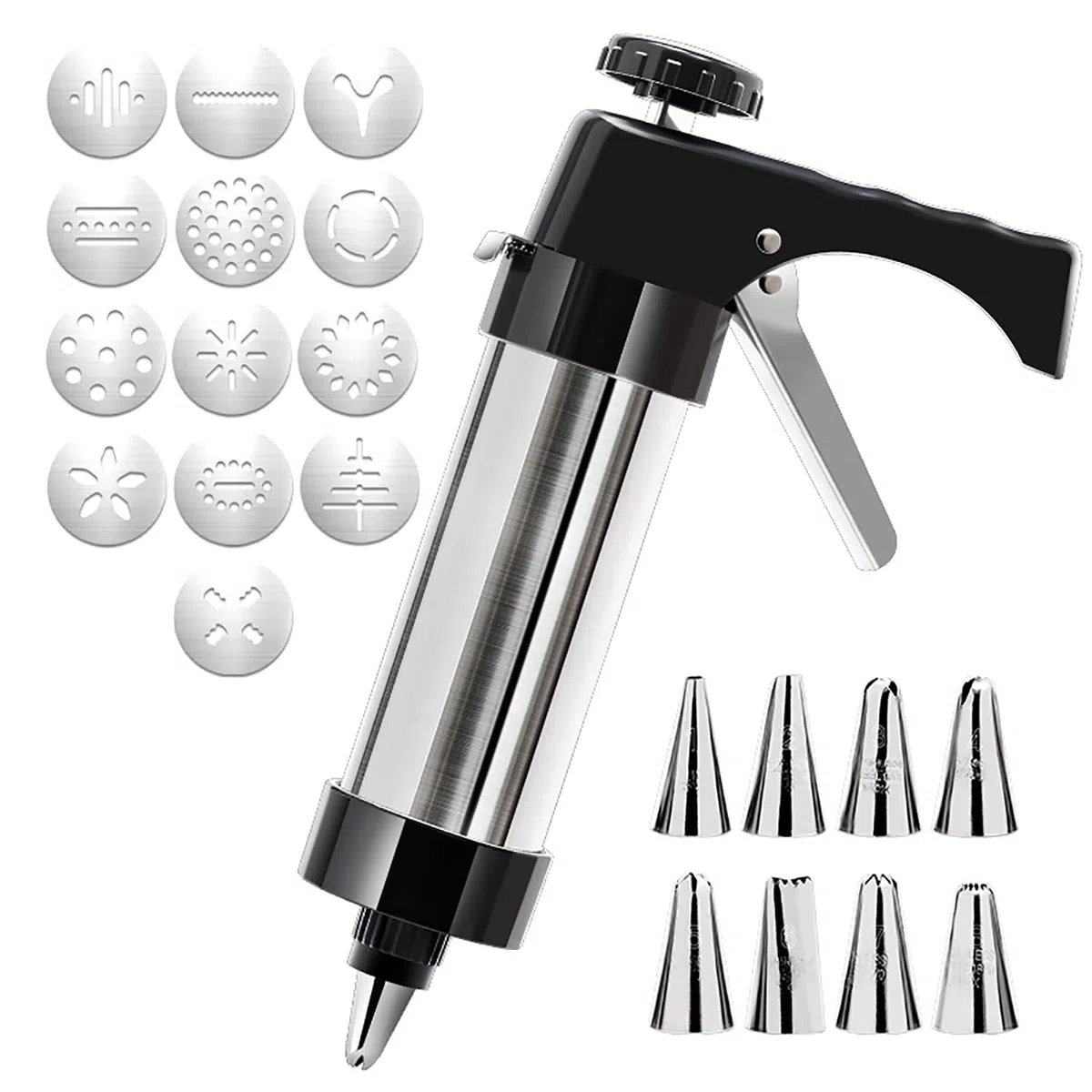 Sparabiscotti Pressa per Biscotti in Acciaio Inossidabile,Professionale Biscotto in Inox Biscotti Sparabiscotti con 1 PCS Pistola di Glassa + 8 PCS Stampo per Biscotti + 4 PCS Punte di Glassa Biscuit