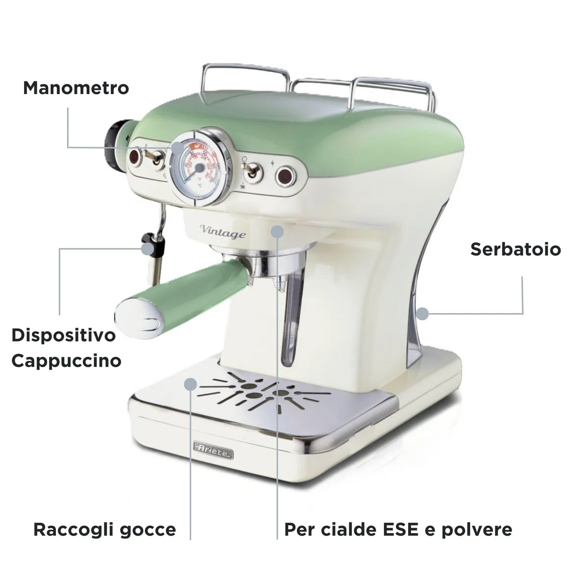 Ariete Caffè Espresso Vintage 1389, Macchina per Caffè Espresso per Polvere o Cialda ESE, 1 e 2 Tazze, Lancia Cappuccinatore, Supporto Tazze in Acciaio Inox, 15 Bar, 850W, Verde