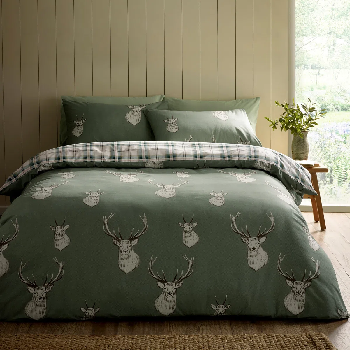 Catherine Lansfield Set copripiumino singolo reversibile con federa, motivo cervi, verde chiaro