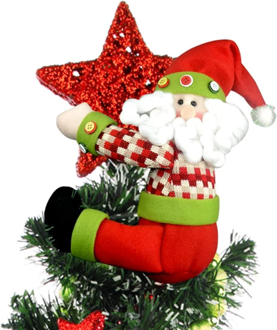 KAHEIGN Punte per Albero di Natale, 33CM Grande Puntale per Albero di Natale di Babbo Natales Cappello a Cilindro con Barba e Giacc Scozzese per Fermatende Bottiglia di Vino Hugger Natales Decorazioni