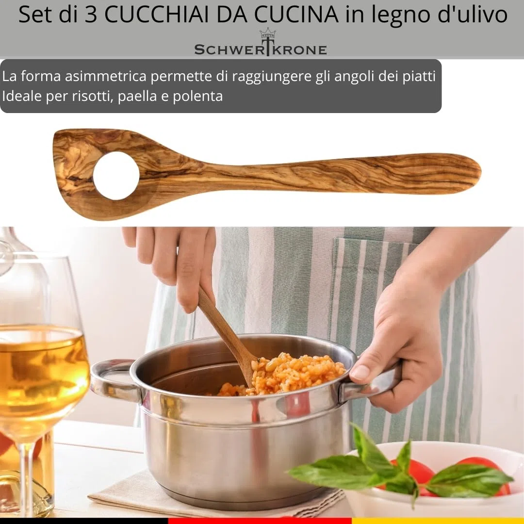 SCHWERTKRONE Set di cucchiai in legno d'oliva italiano, cucchiaio da cucina in legno, cucchiaio da cucina in legno di ulivo
