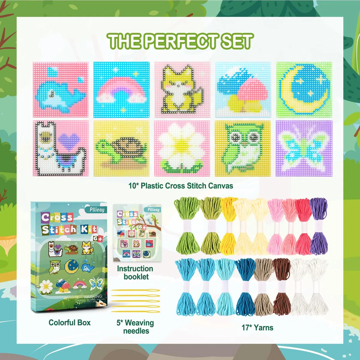 Pllieay Kit per Principianti di Punto Croce Bambini, Kit di Ricamo per Principianti Include 10 Pezzi di Tela in Plastica con Diversi Motivi, 14 Fili Colorati, Istruzioni e Scatola Colorata.