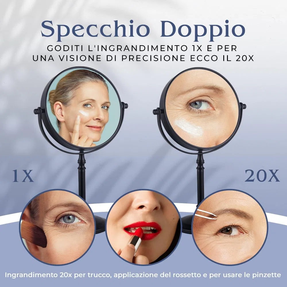 Mirrorvana Specchio da tavolo per trucco con ingrandimento 20X e 1X, ideale per make up e toeletta da bagno, specchietto ingranditore 30 x 15 cm (nero)