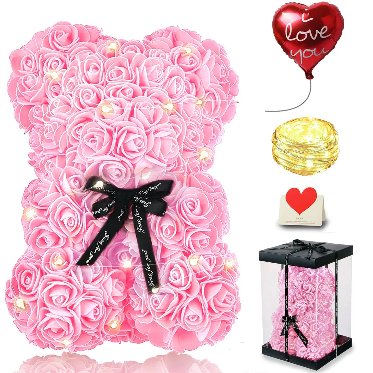 Orsetto Rosa Fiore Regalo Donna, Regali di San Valentino, Orso Rosa Regali per Lei, Rose Teddy Bear con luci, Regali di compleanno per Ragazza con Confezione Regalo Trasparente e Biglietto d'amore