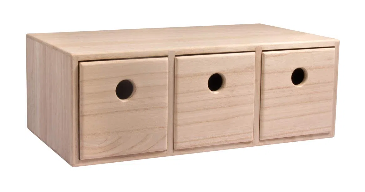 Rayher Cassettiera Mini In Legno con 3 Cassetti, Legno Naturale Non Trattato, 32 x 18 x 11.5 cm, per Piccoli Oggetti, Cancelleria, da Colorare e Decorare, 62909505