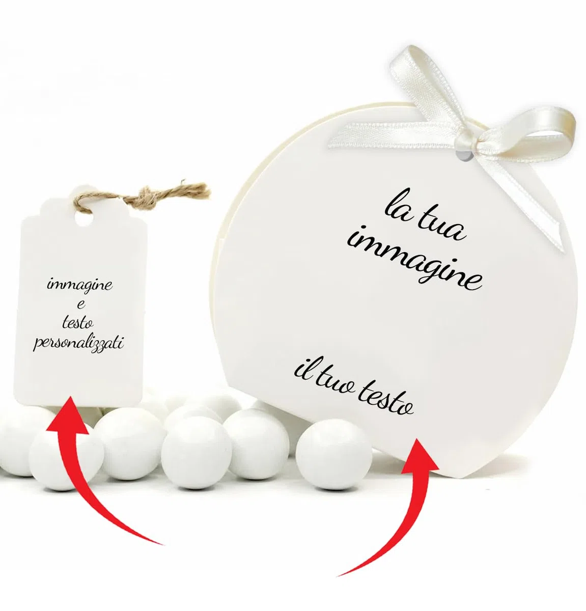 Mr Pubblicità - kit da 75 pezzi PERSONALIZZATI (stampa inclusa) - 25 Scatoline Portaconfetti + 25 Tag + 25 Nastrini, Per Sposi, Matrimonio, Nozze, Promessa, Scatolino, Bomboniera