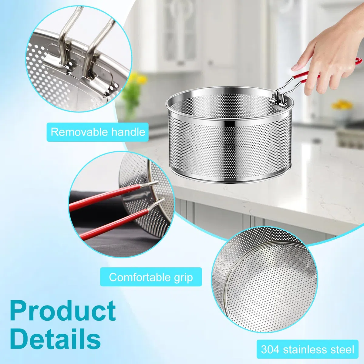 2 Pcs Cestini per Alimenti in Acciaio Inox con Manico Cestello per Friggitrice in Metallo Cesto Scolapasta da Cucina Cestini Divisori Pasta per Lavare Drenare Friggere Vapore(18cm, 20 cm)