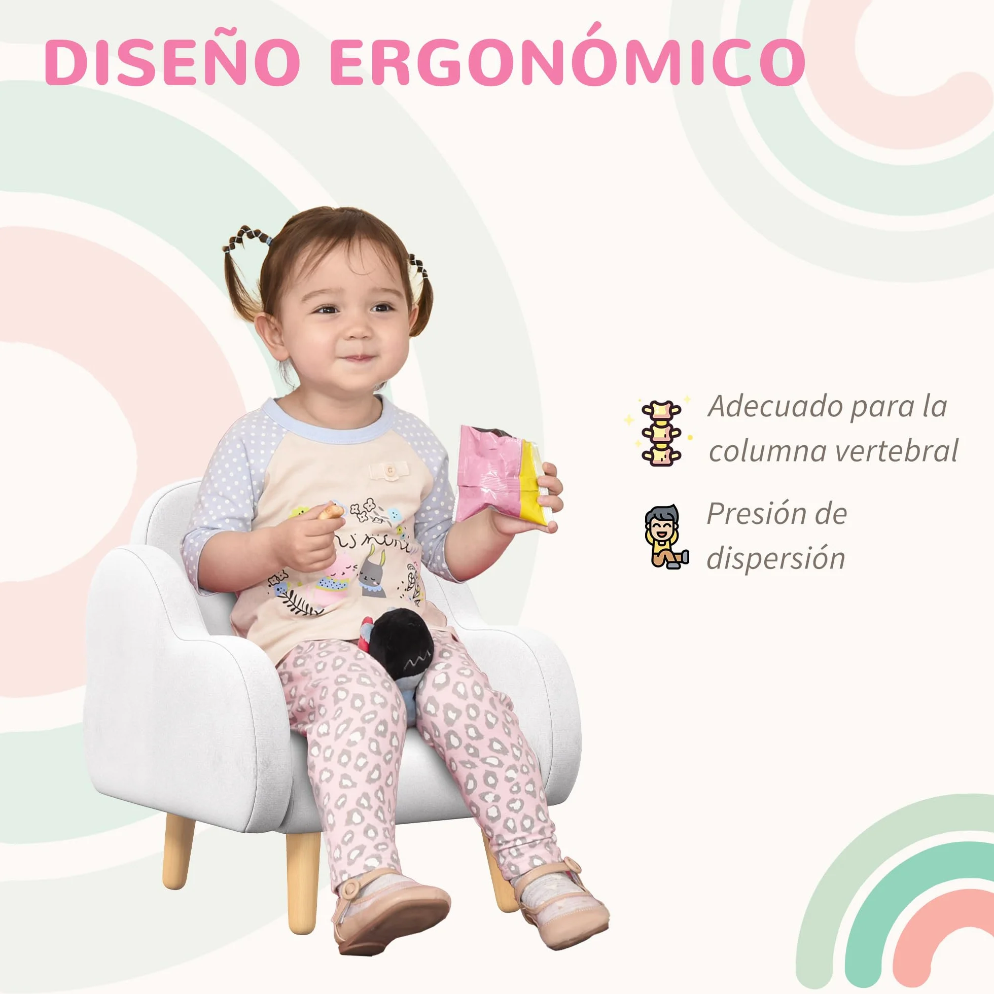 ZONEKIZ Poltroncina per Bambini Stile Scandinavo con Braccioli a Nuvola, Poltrona Piccola per Bambini fino a 3 Anni in Tessuto, 46x51x55 cm, Bianco