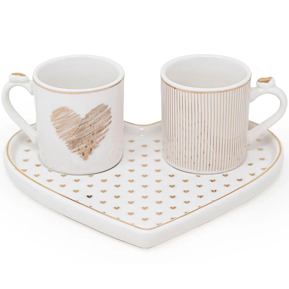 NAMAI - Set di 2 Tazzine Caffè con Vassoio a Forma di Cuore, 17,5x15,5x6h CM, New Bone China, Adatte in Lavastoviglie e Microonde, Regalo Coppia (Cuori)
