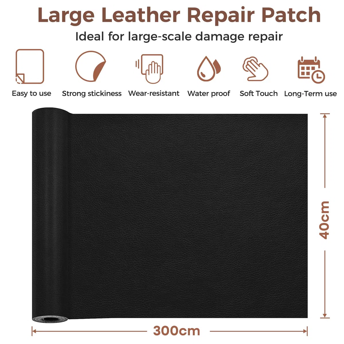 Patch di Riparazione in Pelle 40 * 300 cm, Toppe per Riparazione Autoadesive in Pelle, Grande Pelle Adesiva per Riparazioni per Divano, Sedile Auto, Mobili, Tappezzeria (Nero)