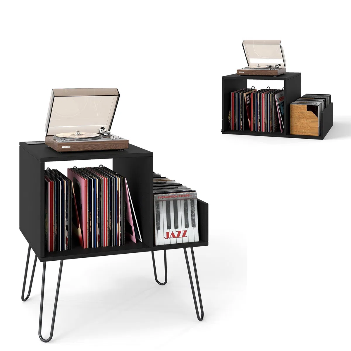 KOMFOTTEU Supporto per Giradischi con Stazione di Ricarica, Porta Dischi Vinile Vintege con Pareti Divisorie e Ripiano Laterale, Espositore per Dischi in Vinile Fino a 145 Album, 66x45x67cm (Nero)