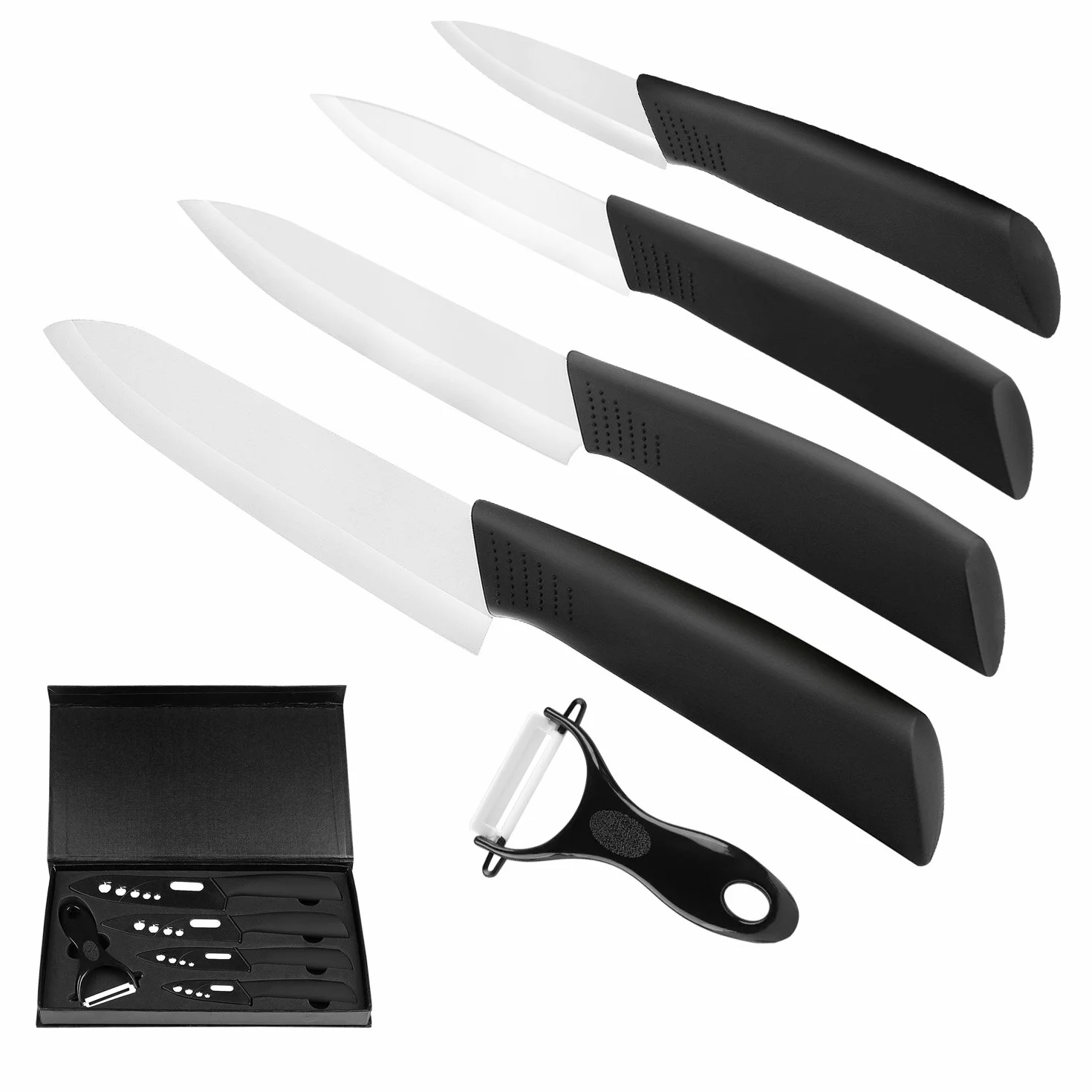 Ballery Set di coltelli in ceramica, 4 Coltelli Ceramica e 1 Pelapatate (6'' Coltello da Cucina, 5'' Coltello Multiuso, 4'' Frutta, 3'' Sbucciatura) affilato e leggero - bianca