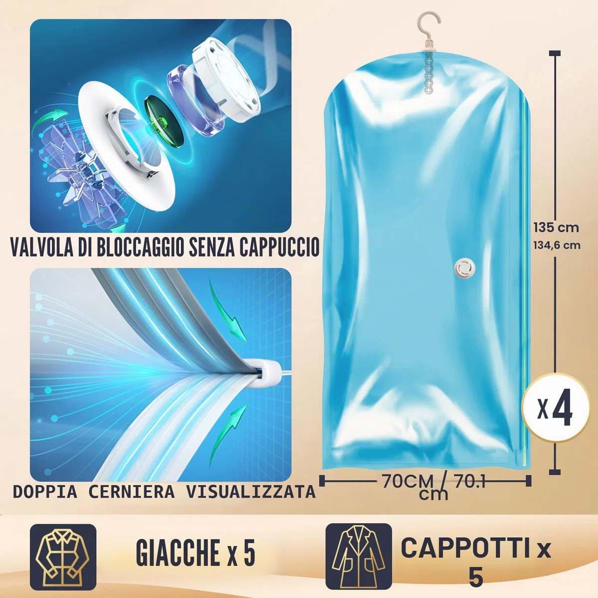 TAILI Sacchetti Sottovuoto da Appendere Buste Sottovuoto Vestiti Sacchetti con Gancio per Abiti, Conservazione di Giacche - sacchetti sottovuoto salvaspazio per la casa e i viaggi 4 Jumbo-Blu