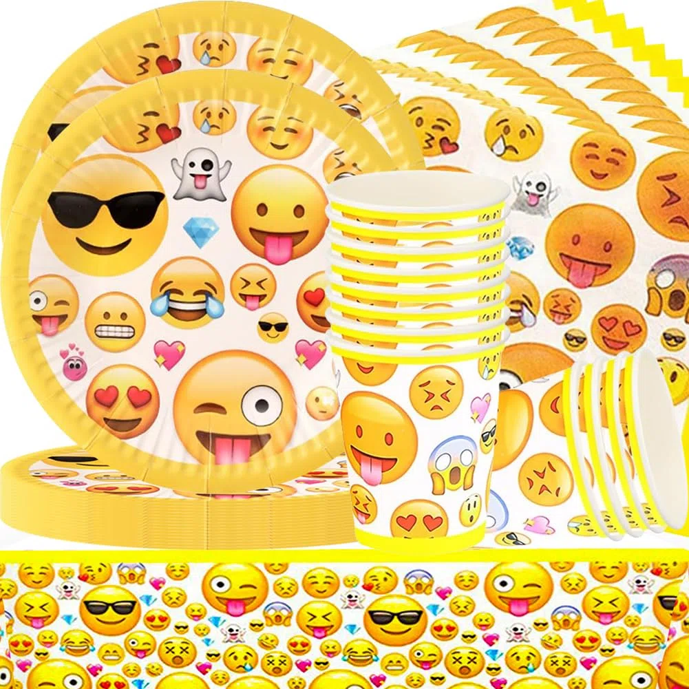 Divertente Set di Stoviglie per Feste,viso sorridente Set di decorazione di festa,Set di utensili di compleanno, set di piatti,tazze,fazzoletti,tovaglie,Per feste,matrimoni (61 PCS, 20 persone)