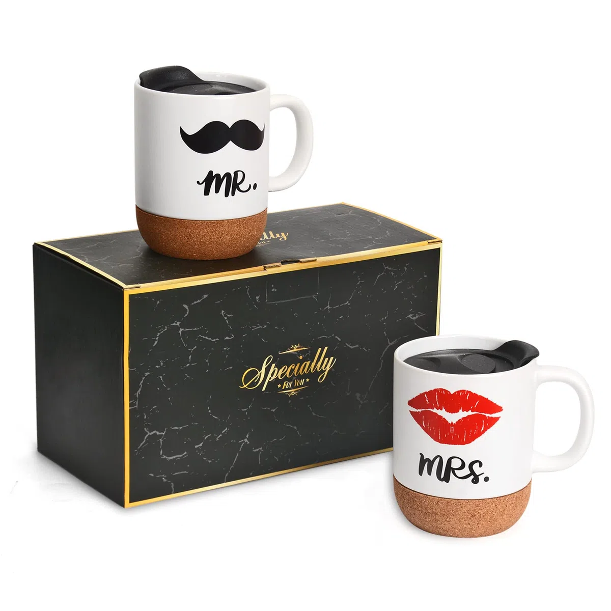 Mr and Mrs Tazze di Ceramica con Base in Sughero e coperchio, Regalo Coppie Unico per Sposa e Sposo, Regali Di Fidanzamento, Anniversario, Natale, Valentino,380 ML