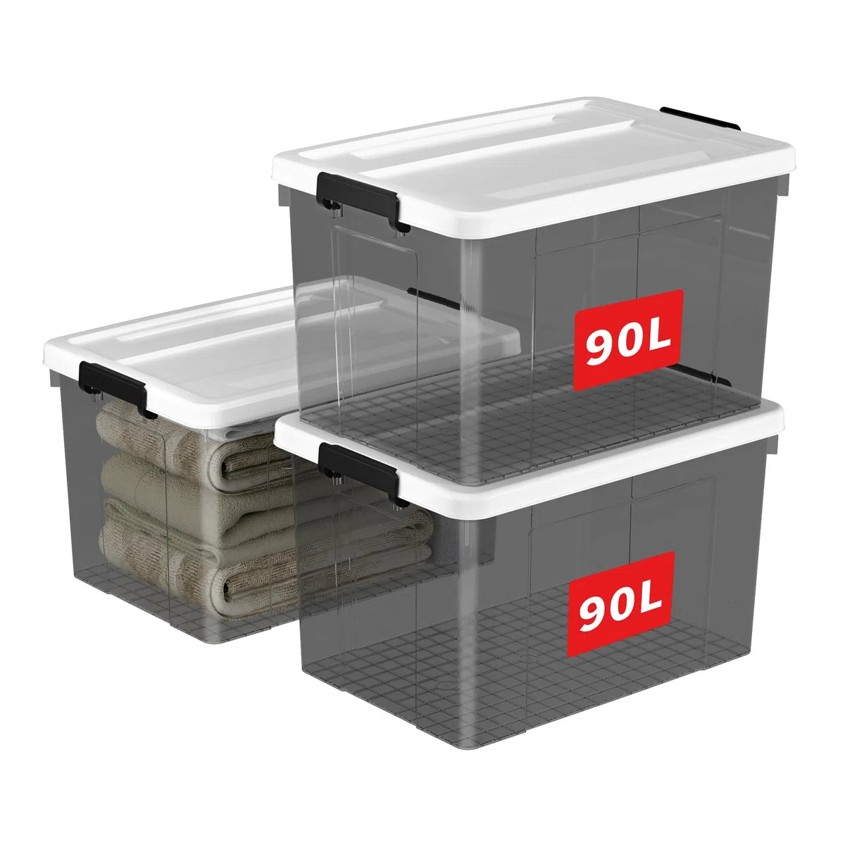Cetomo 90L*3 Scatole di Stoccaggio in Plastica, Scatole Portaoggetti con Coperchio, Organizzatore, Contenitori per Casa e Ufficio, Impilabile, Resistente, Nero Chiaro, 90L - Confezione da 3