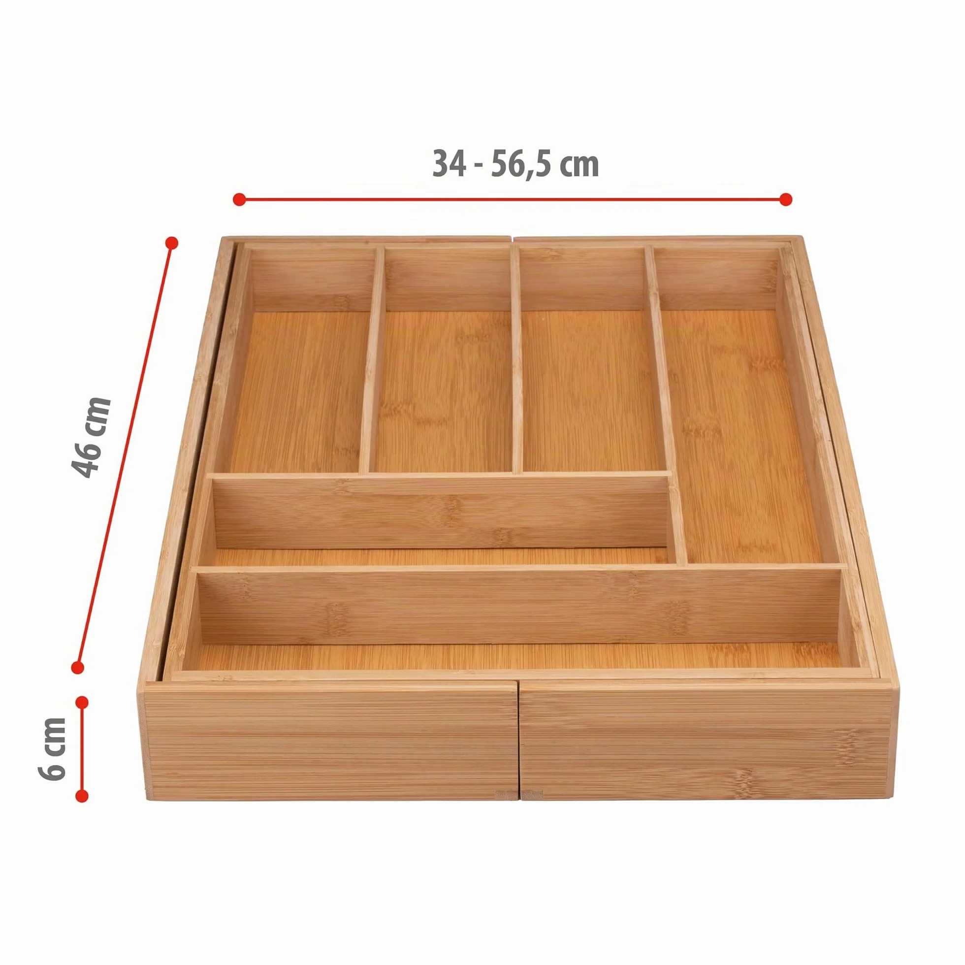 alpina Portaposate da Cassetto - Organizer Casetti Cucina Estensibile 46 x 34-56,5 x 6 cm - Organizzatore Cassetti con 6 a 8 Scomparti - Per Utensili da Cucina, Occhiali da Sole e Altro - Bambù