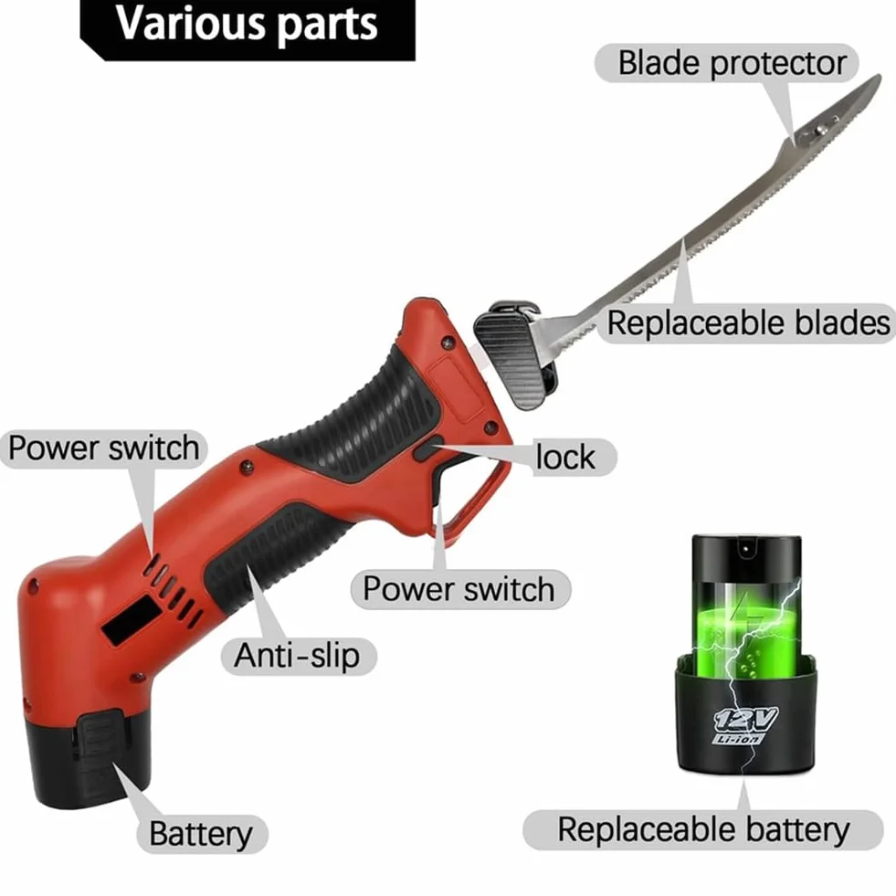 Coltello Elettrico Ricaricabile per Sfilettare con 4 Lame Antiaderenti In Nitruro di Titanio e 2 Batterie Ricaricabili, Spina UE