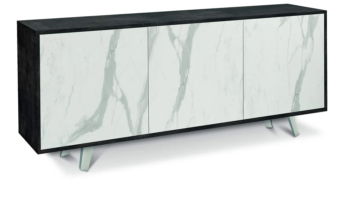 Sarmog Mobile 3 ante, Madia soggiorno moderna, Mobile tv, Madia soggiorno, 3 ante apertura push pull, Made in Italy, Kit 74x177x41 (Ossido nero/Marmo calacatta)