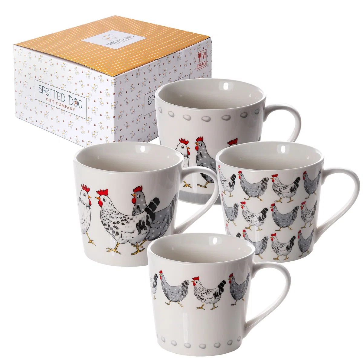 SPOTTED DOG GIFT COMPANY Set di 4 Tazze da Caffè in Ceramica 380 ml per Caffè e Tè, Tazze con Animali a Tema Gallo e Gallina, Adatte a Lavastoviglie e Microonde, Idea Regalo per chi ama gli animali