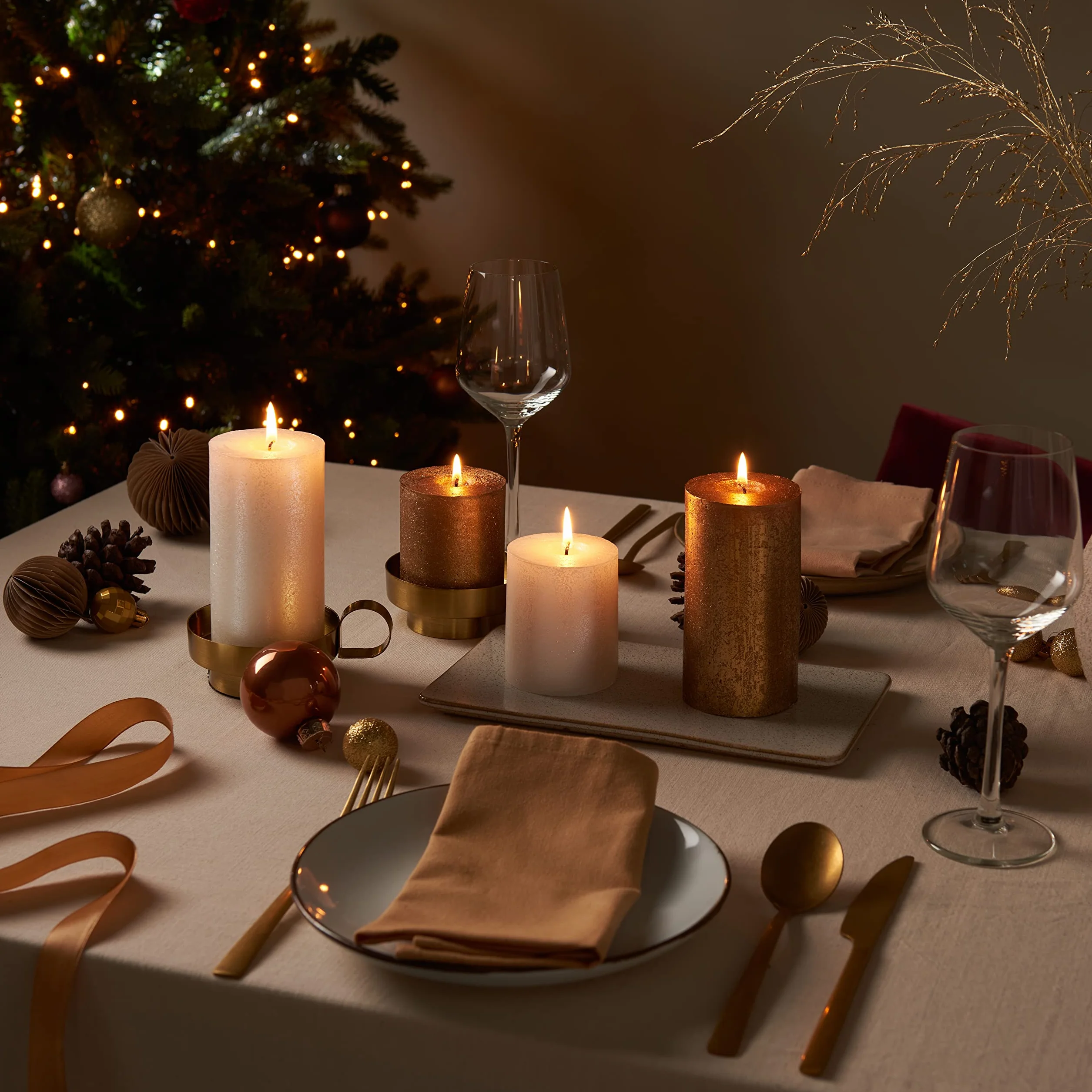 BOLSIUS - Candele rustiche pilastro Shimmer - Oro - 13cm - Confezione da 4 -Non gocciolamento - Candele non profumate