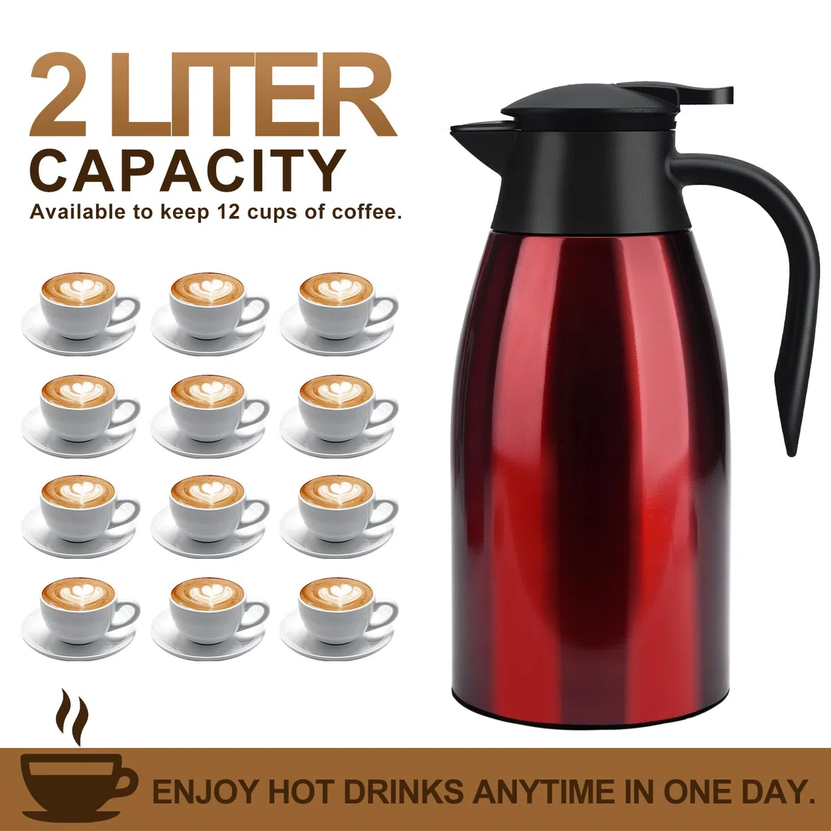 Caraffa Termica 2 litri in Acciaio Inox, Thermos Caffe, Teiera termica, Thermos a Doppia Parete, Isolata Sotto Vuoto, con Coperchio a Pressione per tè/Acqua Brocca Conservazione a Freddo o Caldo