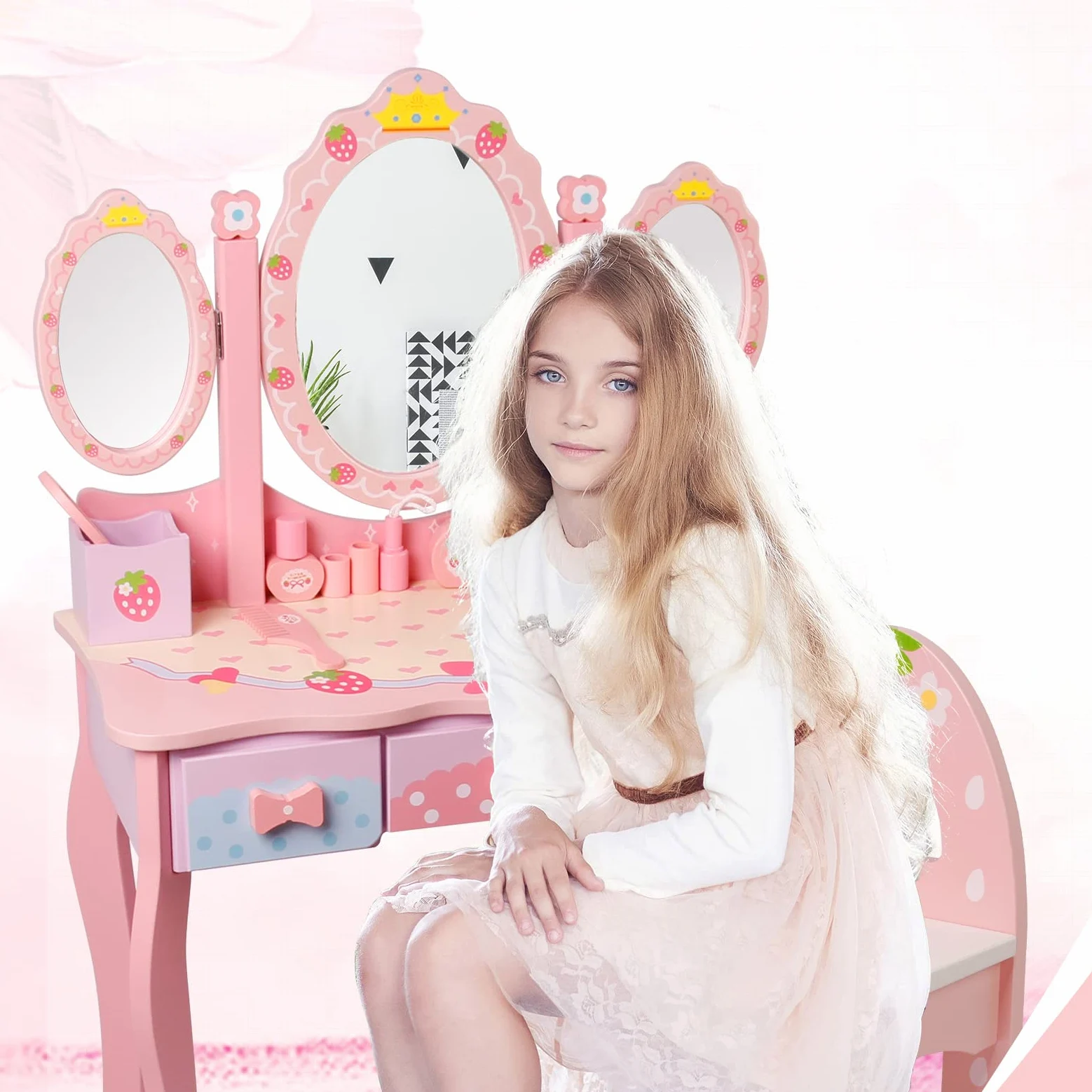 CCLIFE toeletta trucco bambina, toeletta trucco rosa 3 Specchio 3 Cassetti 1 Sgabelli 2 organizzatori, rosa