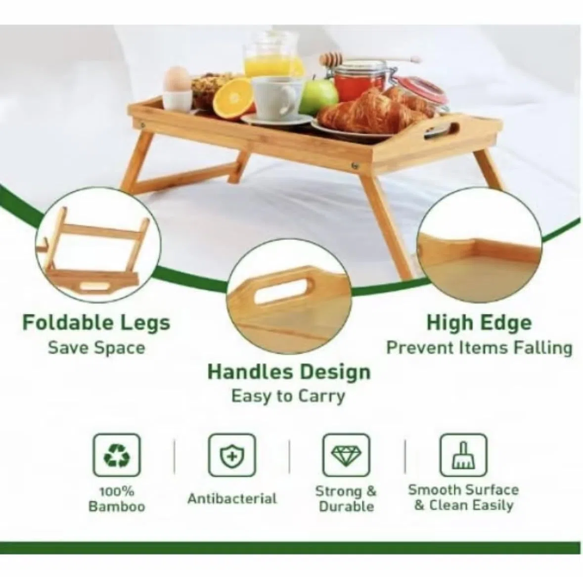 Tavolino per Letto Pieghevole, Vassoio da Letto in Bambù 100% con Bordi Rialzati - Vassoio Colazione a Letto, Tavolo da Letto e Poggia PC. Dimensione 50x30x25