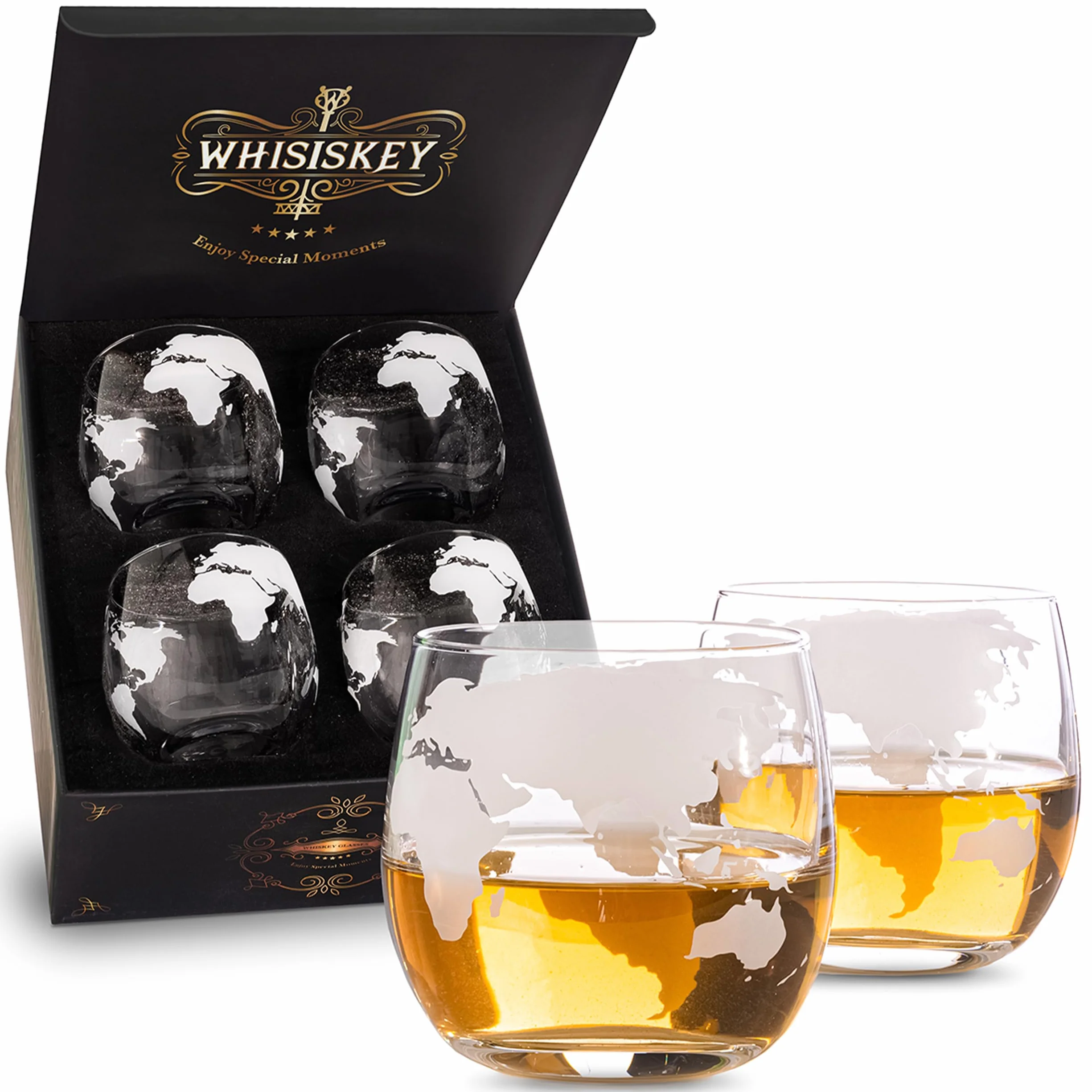Whisiskey Set Bicchieri da Whisky - Set Whisky Regalo - Idee Regalo Uomo Compleanno - Scatola Regalo, 4 Bicchieri da Whisky x 285ML