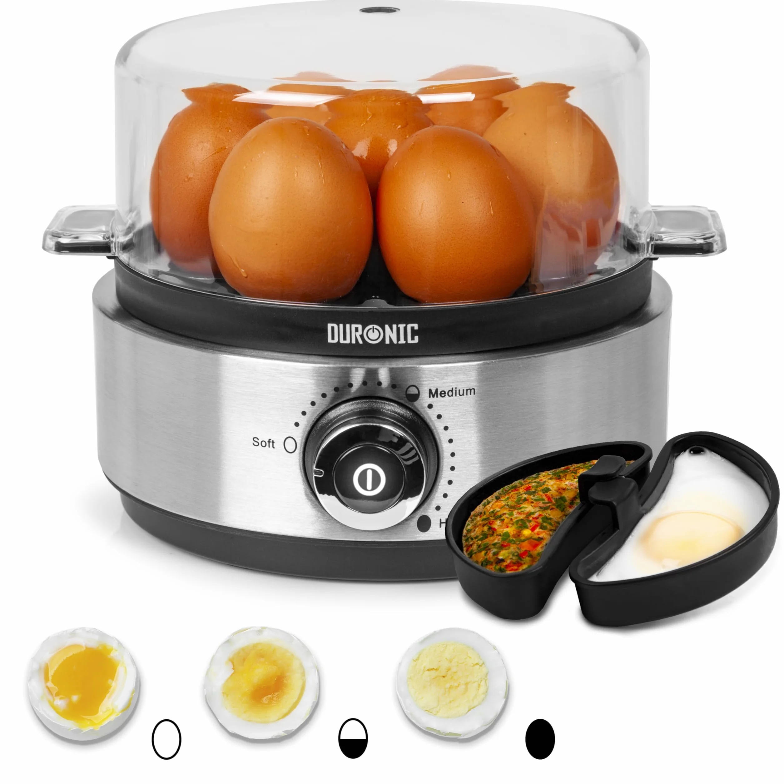 Duronic EB40 BK Cuociuova elettrico 400W Cuoci uova fino a 7 uova Bollitore uova per uova Sode Medie Alla coque Cuocitore di Uova con 2 vassoi per Frittata e uovo in camicia Omelet maker Egg cooker