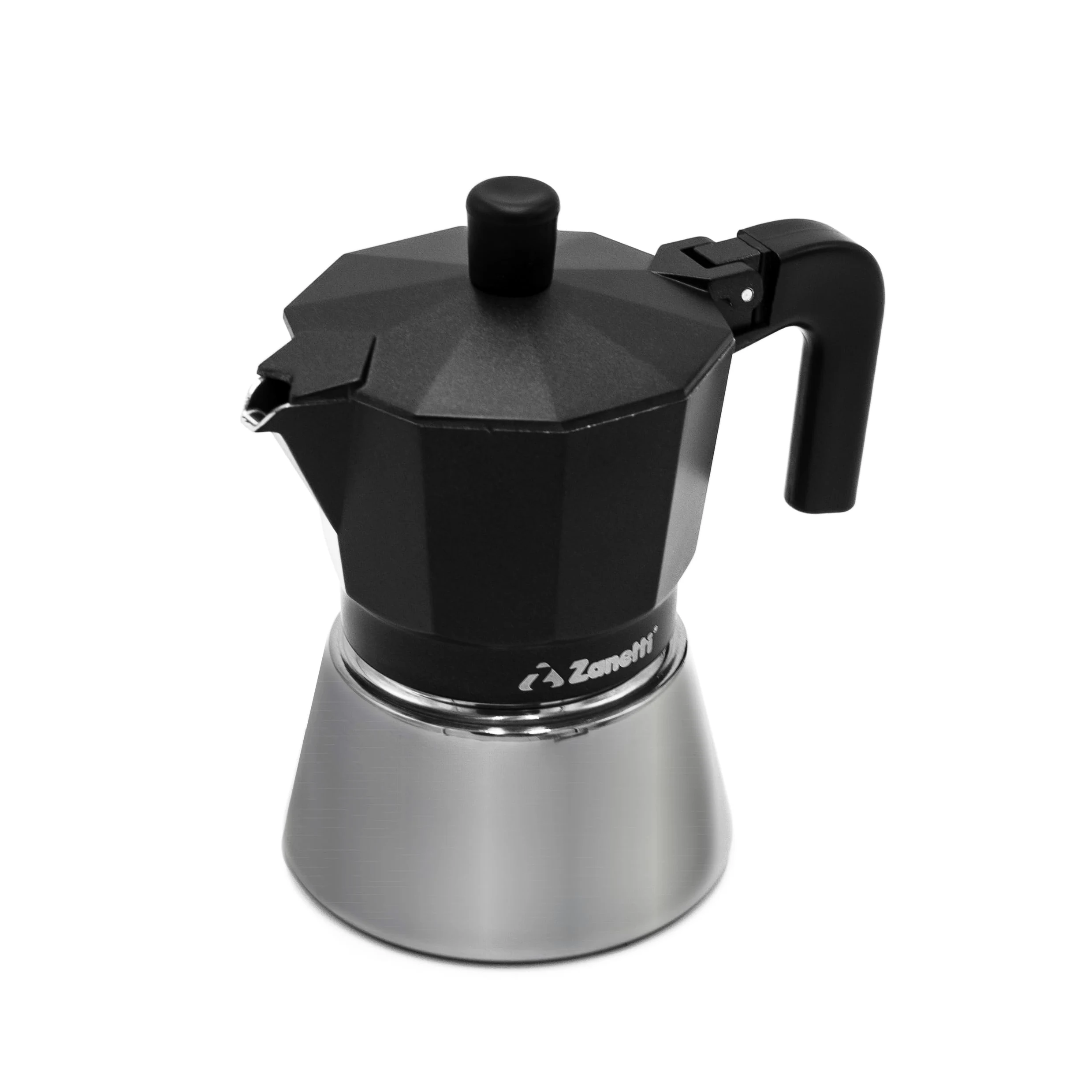 Zanetti, Star Caffettiera Moka Induzione Tre Tazze, Espresso Con Caldaia in Acciaio Inox e Manici Ergonimici, Adatta ai Piani a Induzione 3 Tazze Colore Nero