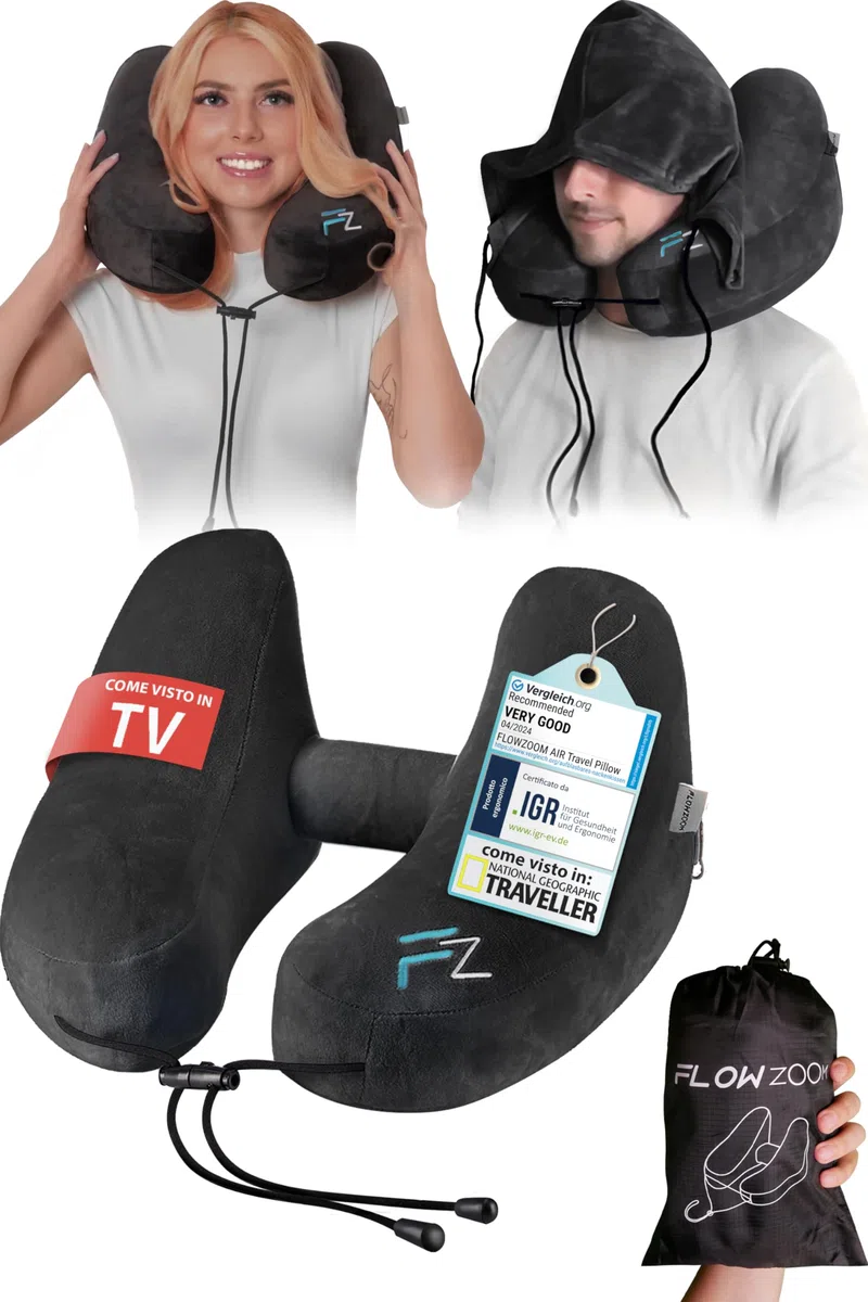 FLOWZOOM Air Cuscino Gonfiabile da Viaggio per Aereo e Auto – Cuscino per Aereo Regolabile con 5 Posizioni per Dormire, Gonfiaggio Rapido, Cappuccio Removibile, Fodera Vellutata – Taglia L, Nero