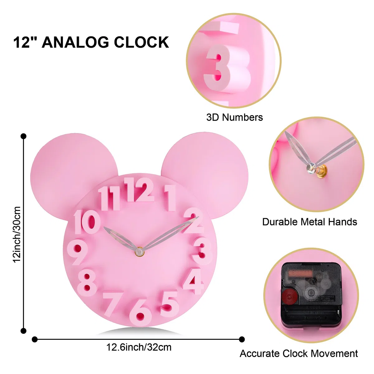 Lafocuse Orologio da Parete Topo Carino Moderno, Numeri 3D Creativo Design, Rosa Orologio Facile da Leggere per Bambini Ragazzo Ragazza Soggiorno Camera da Letto Scuola 32x28cm