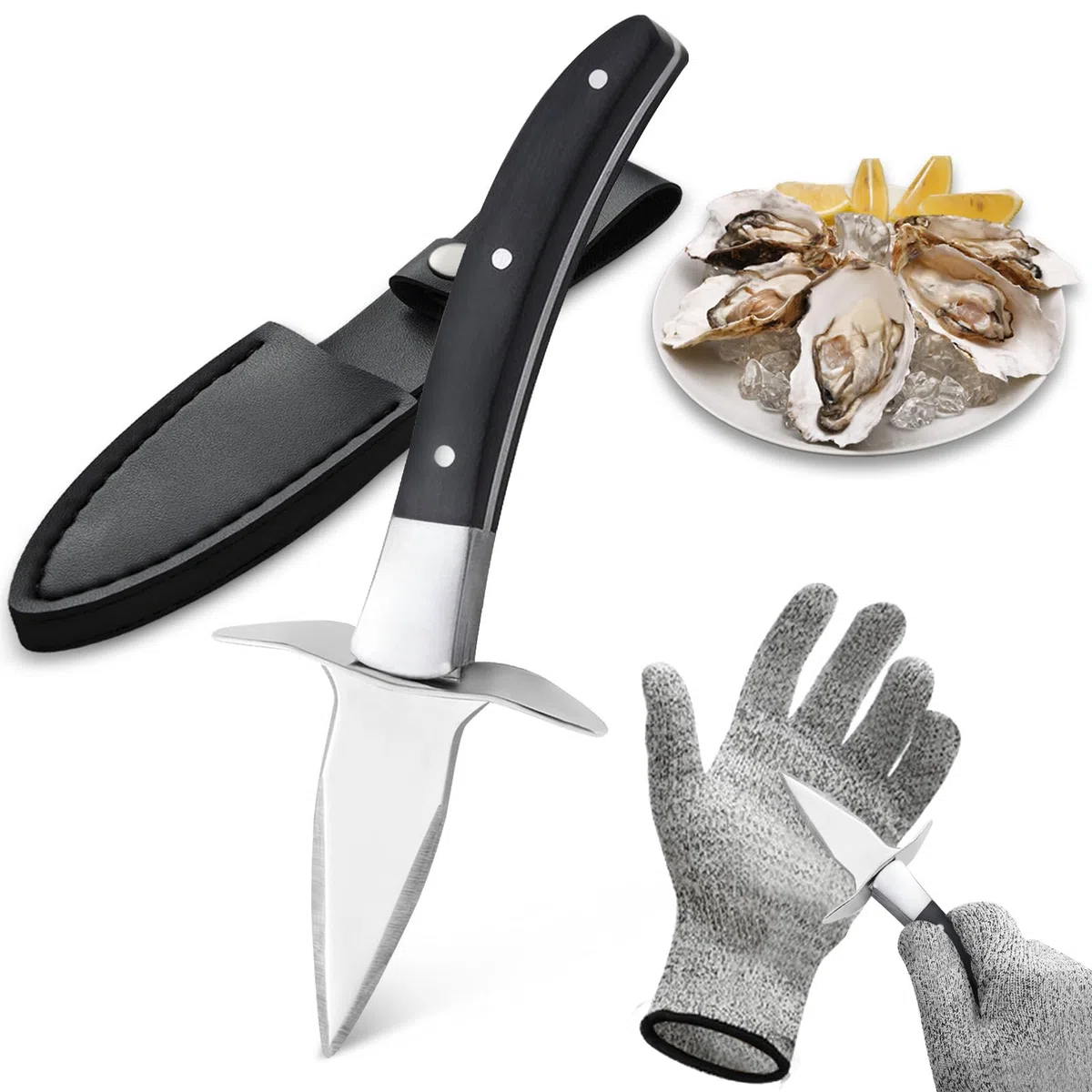BEWOS Coltello per ostriche con fodero - Coltello per ostriche da 16,5 cm con lama in acciaio inossidabile e guanto antitaglio con manico in legno, adatto a un'ampia gamma di crostacei